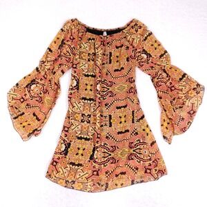 Truth‎ NYC Dress Boho Bell Sleeve Small Orange Tribal Retro Vibes Prairie Chic